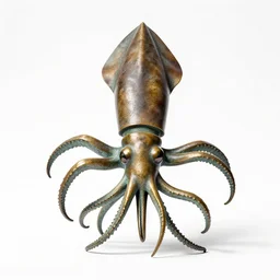 bronze statue of a squid, photorealistic wildlife photography, full body, isolated on a pure white background, centered, entire subject in frame, sharp focus, soft studio lighting