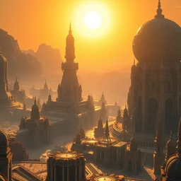 futuristic majestic solarpunk city, temples with one giant diamond structure and one giant sphere, bright sun, highly detailed 8 k digital art