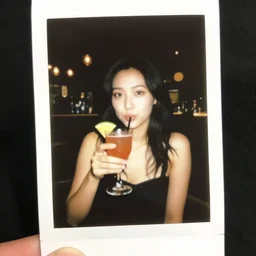 a lomographic photo of girl drinking a cocktail, cinestill, bokeh, out of focus
