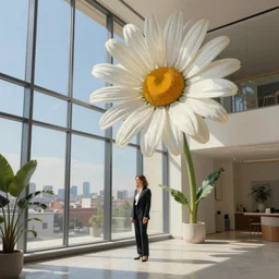 giant daisy flower over head, woman in suit, standing next to modern window in luxury loft, surreal photography, sunlight, impressionist painting, digital painting, artstation, simon stalenhag