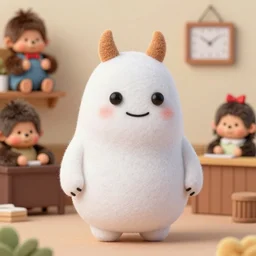 a furry Moomin, two tiny horns, big head, 3D art, Baymax style, sweet department, felt, kawaii, Marina Dieul, Monchhich, Kristina Shablina, 8K