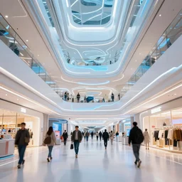 the interior of a futuristic mall with people walking around, neon lights, sci-fi, 4k