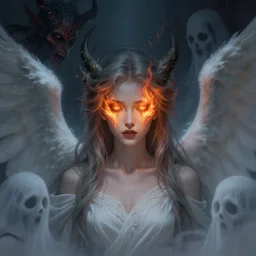 a portrait of an angelic woman with fire in the eyes surrounded by ghosts, demon look, fantasy art, art by greg rutkowski and artgerm, amazing detail, hd, illustration, epic, intricate, elegant, artstation, concept art, smooth, sharp focus, cinematic