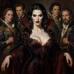 majestic gracious regal aristocratic brunette female vampire portrait, atmospheric lighting, painted, voluptuous, menacing, intricate, volumetric lighting, beautiful, rich deep colours masterpiece, sharp focus, ultra detailed, by leesha hannigan, ross tran, thierry doizon, kai carpenter, ignacio fernandez rios