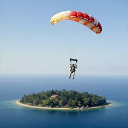 Tom Cruise parachuting on a small island in the middle of a big lake painting by rene magritte, high detail, high resolution