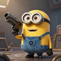 a cute minion holding a large machine gun, illustrated by Greg Rutkowski and Gaston Bussiere, serious lighting, dramatic amtosphere, war-art style, photorealistic imagery, trending on artstation, 4k, 8k