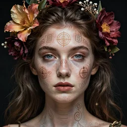 a symmetrical portrait with esoteric symbols on the skin and flowers in the hair, intricate, hyperrealistic, concept art, digital art