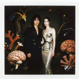instax of The Son of Man from Vogue editorial fashion photography, dressed by Givenchy and Salvatore Ferragamo, haute couture painted by Andrea Pozzo, still frame of Pan's Labyrinth and Prometheus by Guo Jian and Yue Minjun, in lush brain coral femur by Javier Medellin Puyou,