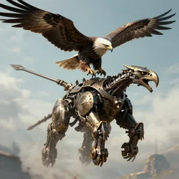 eagle mixed with a dwarven dwemer construct automaton, skyrim, flying, octane render, digital art, artstation