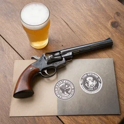 beer at a table, top view, pro photo, old west pistol, logo, album
