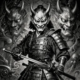 extremely detailed samurai shinigami with a katana by kentaro miura, full frame, volumentric lighting, dark futuristic world, mysticism, intricate, highly ornate dark trim armoury, masterpiece, by gene wolfe, by gustave dore, black and white, highly detailed oni mask by artgerm