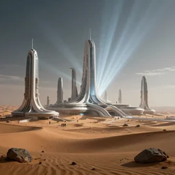 futuristic desert metropolis, beautiful dynamic lighting, cinematic, wide angle establishing shot, extremely high detail, photo realistic, cinematic lighting, post processed, concept art, artstation, matte painting, style by eddie mendoza, raphael lacoste, alex ross, volumetric lighting, light rays, photorealistic, ultrarealistic, moody, coronarender, 8k