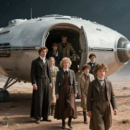 sharp, 35mm still from a sci fi blockbuster movie made in 222, set in 1860, of a family leaving a spaceship, that has just landed on an alien planet, wearing 1850s era clothes, cinematic lighting, 4k, in focus faces, oscar winner, extremely high quality photography, 35mm macro lens