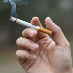 Close-up of thin soft hand holding cigarette in fingers, with smoke, hyper realistic, high details, photo, super resolution