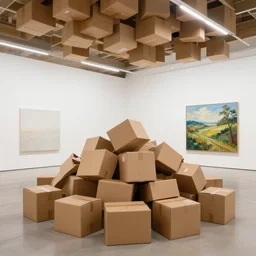 a pile!!! of ( cardboard boxes )!!! filled to the ceiling in a modern art gallery, with a parque floor, a single detailed landscape painting by anthony copely fielding on the back wall.