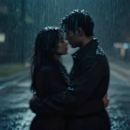A dark picture of two shadowy figures hugging each other, it is raining, 35mm, motion blur