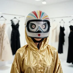 high quality photo of a white room. a film still of a girl wearing golden chokha and crystal vhs color rays helmet mask feature in vogue and gq. fashion ad. close up shot. haute couture dresses in givenchy and salvatore ferragamo. cannon ef 1 0 5 mm f / 2. 8.