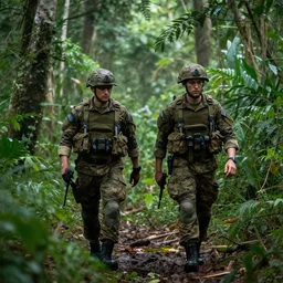 annihilation atmosphere, two modern soldier is walking in the jungle
