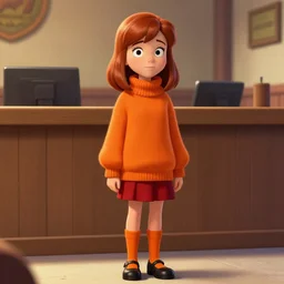 Stunning Real Life Beautiful Portrait Scene of Velma Dinkley wearing her iconic orange sweater from Scooby Doo in court for falsely accusing someone of being a criminal by Greg Rutkowski. Velma is a teenage female, with chin-length auburn hair and freckles. She is wearing a baggy, thick turtlenecked orange sweater, with a red skirt, knee length orange socks and black Mary Jane shoes. Soft render, Pixiv, artstation