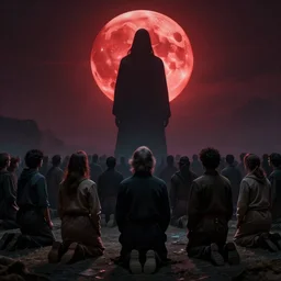 the creator looms in front of a red moon as the masses kneel before him in hope of salvation in the distant future, ominous, haunting, concept art, sharp focus, trending on artstation, by ted nasmith, ralph horsley, james gurney, jim burns