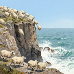 forty five white sheep running fast in the direction of a cliff made of jagged rock and we can see them falling like lemmings down the rocks below to the sea and facing the crashing white waves, there is one single black sheep going against the crowd, clear blue skies, old colored sketching, back panoramic shot