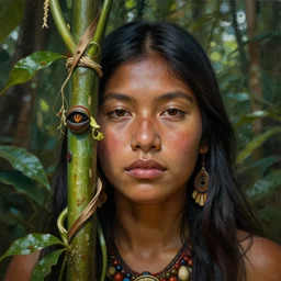 the ayahuasca vine plant spirit mixed with the face of a beautiful young indigenous woman in the jungle, beautiful colors, matte painting, by christophe vacher