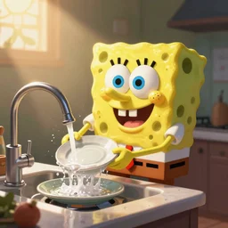 spongebob being used to wash the dishes. octane render