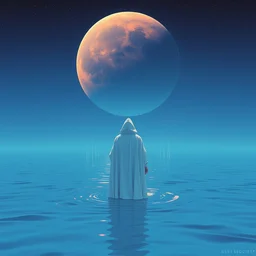 a person wearing a white cloak standing in the water. a large planet is overhead. an album cover by stanley twardowicz, trending on cg society, retrofuturism, retrowave, chillwave, synthwave