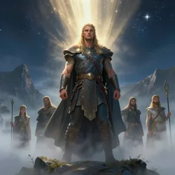 vali, beautiful male norse god of vengeance, god rays, starry night sky, mountain, fog, octane render, rossdraws, tom bagshaw, ross tran, charlie bowater, greg rutkowski, artgerm, alphonse mucha, 1 6 k, soft lighting, character illustration