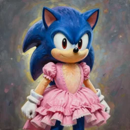 female Sonic The Hedgehog styled Sonic wearing an attractive frilly pink dress, painted by Zdzisław Beksiński, expressive beautiful painting, award winning, trending on artstation, deviantart, mastercraft, raytraced, detailed, high quality, key visual, sharp, backlit, gorgeous lighting, HDR, ultrahd, 4k, 8k, ultra-high resolution