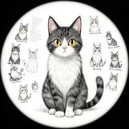 A cat design, character sheet, Moebius, Greg Rutkowski, Zabrocki, Karlkka, Jayison Devadas, Phuoc Quan, trending on Artstation, 8K, ultra wide angle, zenith view, pincushion lens effect.