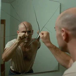 a strong bald man breaking a wall mirror's glass with his fist, grainy 7 0 s kodachrome photograph, medium - shot, 1 st - person point of view, 3 5 mm film