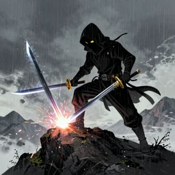 black hooded figure with yellow eyes duel welding swords on top of a mountain in the rain, vibrant colors, digital art, in the style of midjourney, 8k