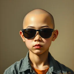 high quality neoclassical portrait of a bald chinese boy wearing sunglasses, very detailed, 1 8 6 0, oil on canvas.