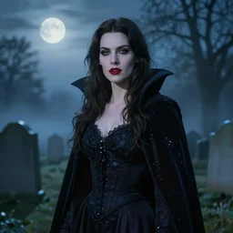 charismatic regal brunette female vampire, portrait, at highgate cemetery, atmospheric lighting, painted, intricate, mist, cold, volumetric lighting, beautiful, blue tint, moon light, sharp focus, ultra detailed, by leesha hannigan, ross tran, thierry doizon, kai carpenter, ignacio fernandez rios