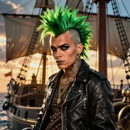 cartoon punk with a green mohawk and a black leather jacket on a pirate ship