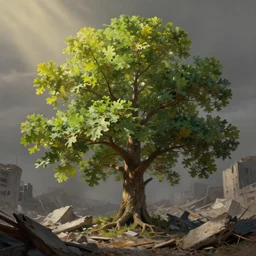 oak tree growing in the rubble of a post - apocalypse city wasteland, gray dull background, vibrant colorful green leaves, hyperrealistic, very detailed leaves, sharp focus, highly detailed, cinematic, ray of golden sunlight, digital art, soft lightning, muted colors, cgstation, artstation, oil painting by greg rutkowski, by artgerm, by wlop