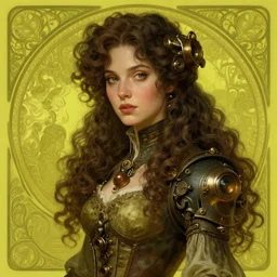 a cinematic portrait scene female steampunk girl with long curly hair, yellow green background, intricate, elegant, highly detailed, digital painting, artstation, concept art, smooth, sharp focus, illustration, art by artgerm and greg rutkowski and alphonse mucha