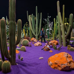 a solarpunk cactus garden by simon stalenhag and hubert robert and zacharias aagaard and gillis rombouts and samuel beal, hyperrealism!, purple sand, orange rocks, chiaroscuro!!!!, tonalism!, desaturation, high contrast, vibrant!, highly detailed, volumetric light
