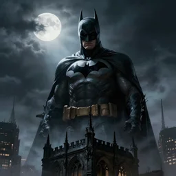 batman the dark knight portrait insanely defined intricate low angle grim powerful mist dark environment city background on top of a gotham building moon dark clouds batlight volumetric light midjourney art artstation defined strokes concept art