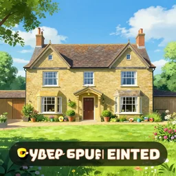 cyberpunk, an estate agent listing photo, external view of a 5 bedroom detached countryside house in the UK, summer, sunny day, by Takashi Murakami