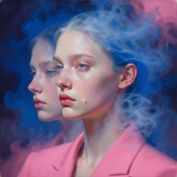 3 d, close - up, liquid white oil, fashion model, tears, deep blue fog, smoke, poster art, high detail, intricate oil painting, multiple exposure, deep pink color palette, hyperrealism, 3 d, by tooth wu and wlop and beeple and greg rutkowski