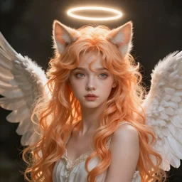 Portrait of a girl angel with pale orange colored frizzy strands of illuminated hair, cat ears on her head, glowing halo, wings on her back, fantasy, intricate, elegant, highly detailed, digital painting, artstation, concept art, smooth, sharp focus, illustration, art by Krenz Cushart and Artem Demura and alphonse mucha