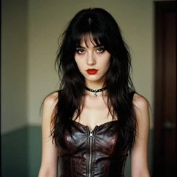 a medium shot photograph of a young woman in leather dress, 9 0 s goth, dof, sharp focus, highly detailed face, cinestill 8 0 0 t, photography by paolo roversi