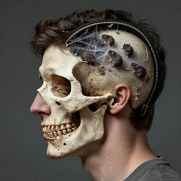 a profile portrait of justin trudeau with a zippered opening into skull showing the cranial cavity, zippered opening in skull, inside head cobwebs, dust and rats, digital art, highly detailed