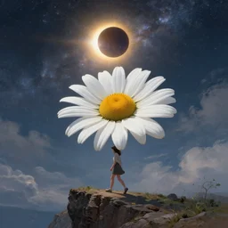 giant white daisy flower over her head, girl walking on cliff, surreal photography, solar eclipse, milky way, dramatic light, impressionist painting, clouds, digital painting, artstation, james gilleard, liam wong, jeremy mann, simon stalenhag