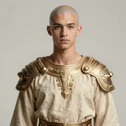 young bald jaden smith as ancient numidian warrior, ecru tunic, intricate, elegant, highly detailed, digital painting, artstation, concept art, smooth, sharp focus, illustration, orientalism, bouguereau, rutkowski, mucha