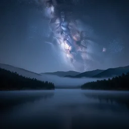 a magic lake by night with fog mountains in the background and the milkyway in the sky