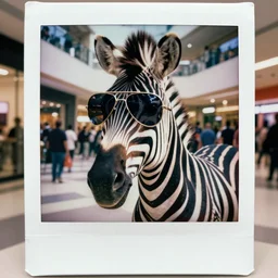 super awesome head to shoulder portrait polaroid film photograph of a zebra in a mall wearing aviator shades. super resolution. surreal. extremely detailed. polaroid 6 0 0 film. by annie leibovitz and richard avedon