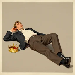 a man laying on the ground, a crown beside him, earth tone neutral palette, by anton fadeev darwyn cooke beautiful graphic full body portrait, propaganda poster art 1 9 7 0 s illustrated advertising art, painterly character design limited palette
